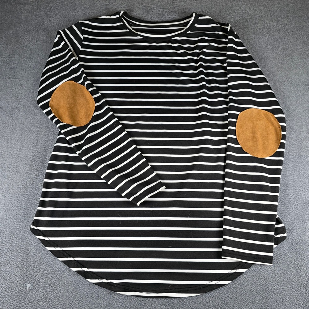 Black White Striped Long Sleeve Top Tan Elbow Patches Crew Neck Curved Hem